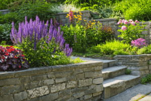 Beautiful summer garden with heat-resistant plants including vibrant purple salvia, red begonias, and a variety of flowers in full bloom, flanked by stone walls and garden steps.