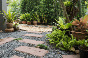 Lush, compact backyard featuring potted plants, stone pathways, and layered greenery—an example of creative landscaping for small urban yards.